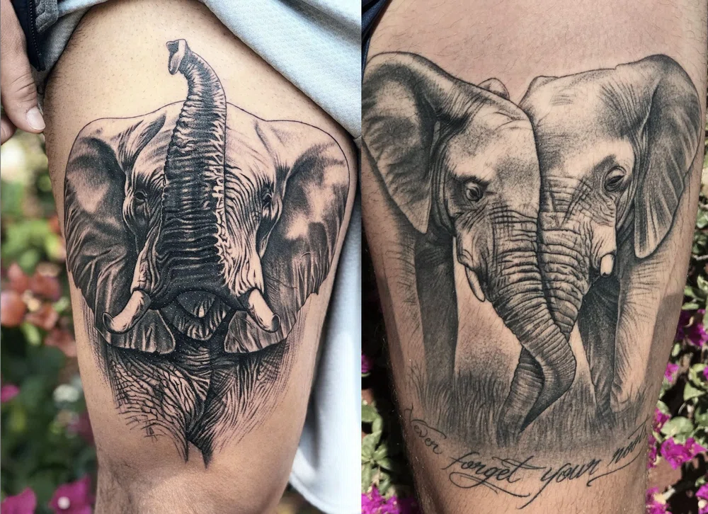 2 piernas tatuadas con elefantes. Tatuajes de elefantes. Tatuaje activismo ambiental. Xavi Animal